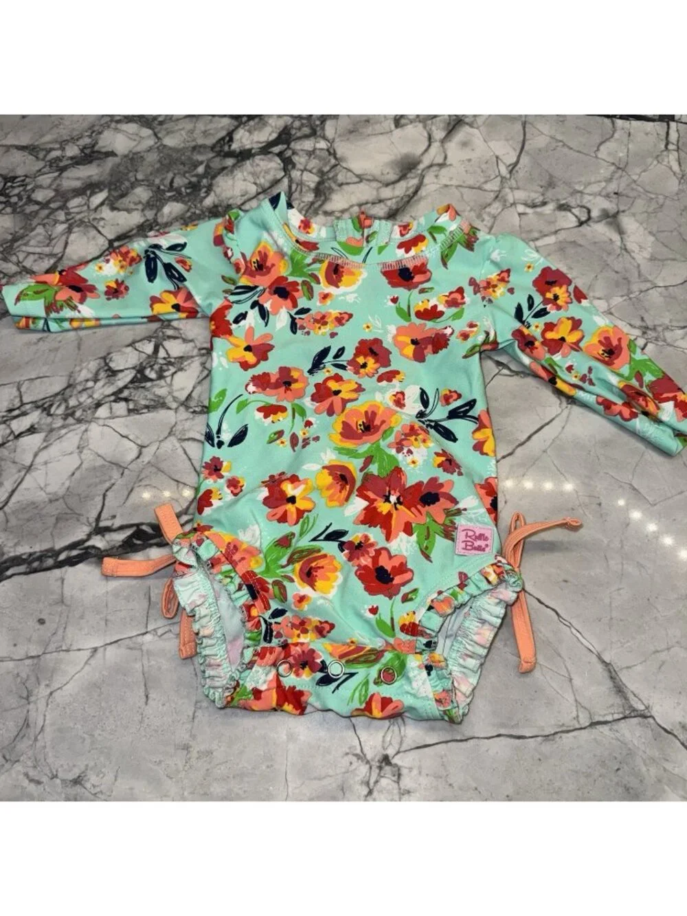 RuffleButts Baby Girls 0-3 Months Long Sleeve Rash Guard Swimsuit One Piece